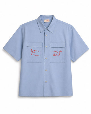 【LONGO】Man's Jacquard C-neck Hoodie Man's Short Sleev ed Shirt w/ buttons